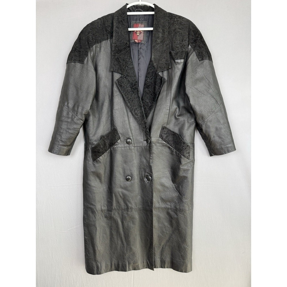Vintage Black Leather Overcoat Womens Medium Black Suede Trench Long 90s Y2K